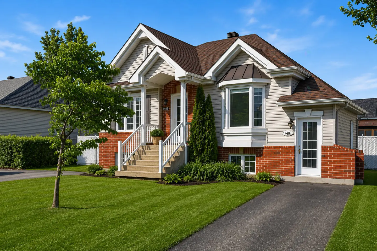 A single-story suburban home with beige siding, red brick accents, a brown roof, and a paved driveway under a blue sky.