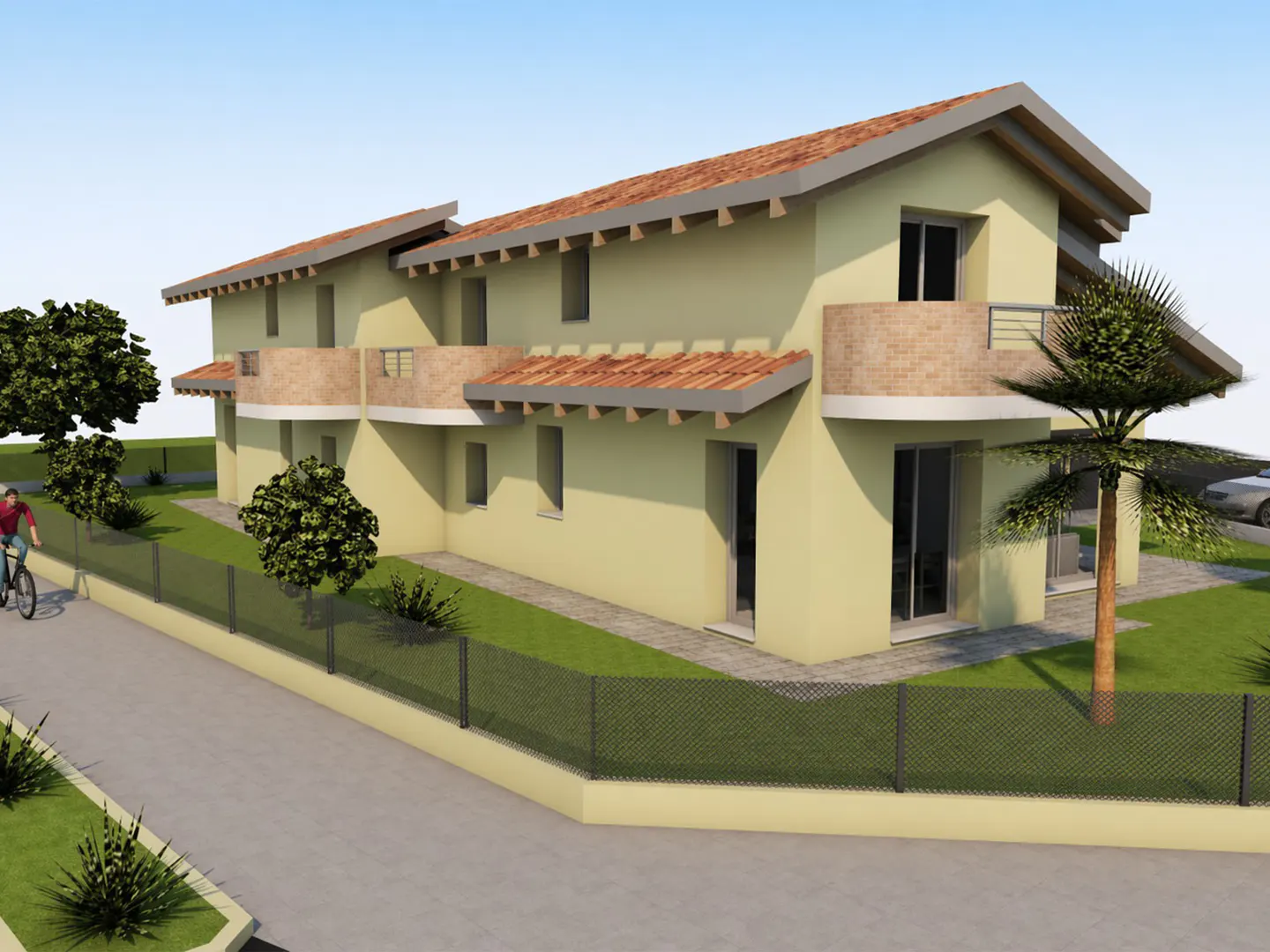 Rendering of a two-story, light yellow townhouse with red tile roof and brick balconies, surrounded by a black fence and greenery.