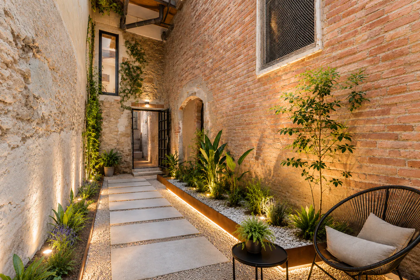 A narrow, illuminated stone courtyard with a paved walkway, lush garden beds, and a modern black wicker chair.