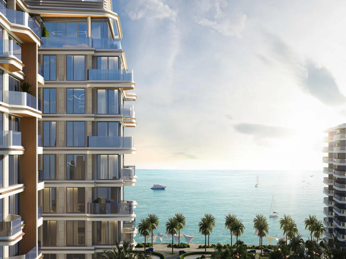 Luxury condos overlook a turquoise ocean with palm trees, boats, and a bright sky.