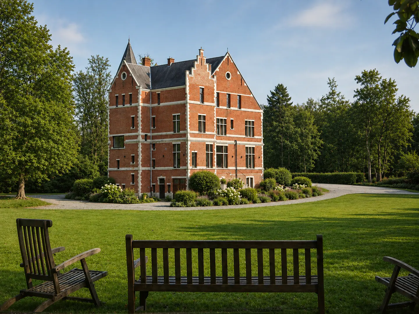 A historic red brick mansion with a steep roof sits in a lush green garden with wooden benches in the foreground.