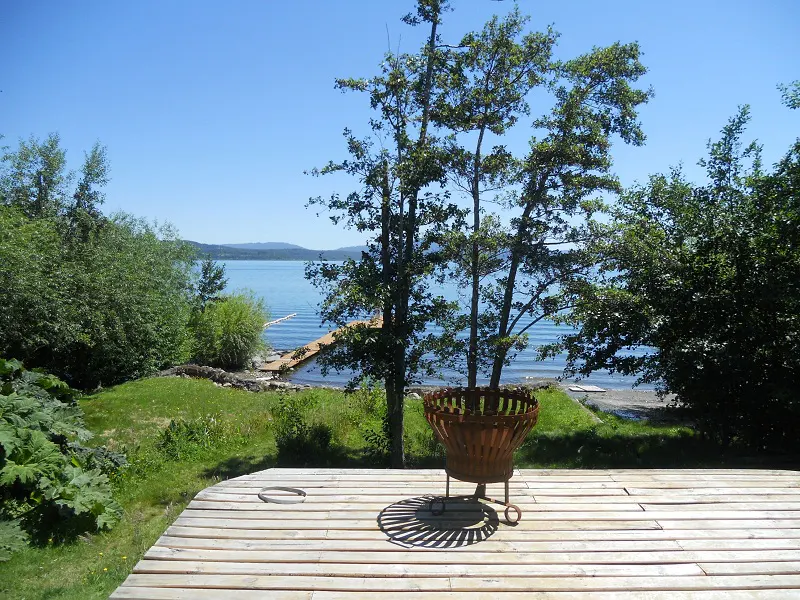 Outdoor deck with a metal fire pit overlooking a lake. Trees and green foliage surround the deck. Blue sky.