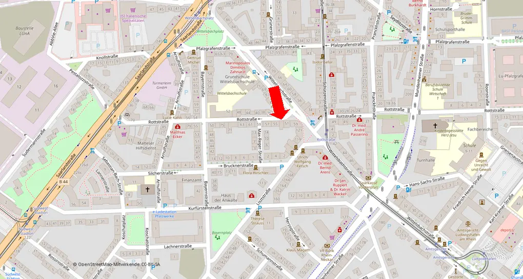 Map of Rottstraße area, with a red arrow pointing to a street intersection. Buildings and street names are visible.