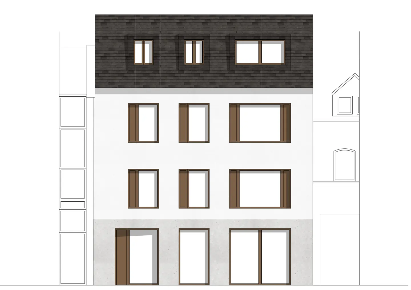 Facade of a three-story white building with brown window frames and a dark gray brick roof.