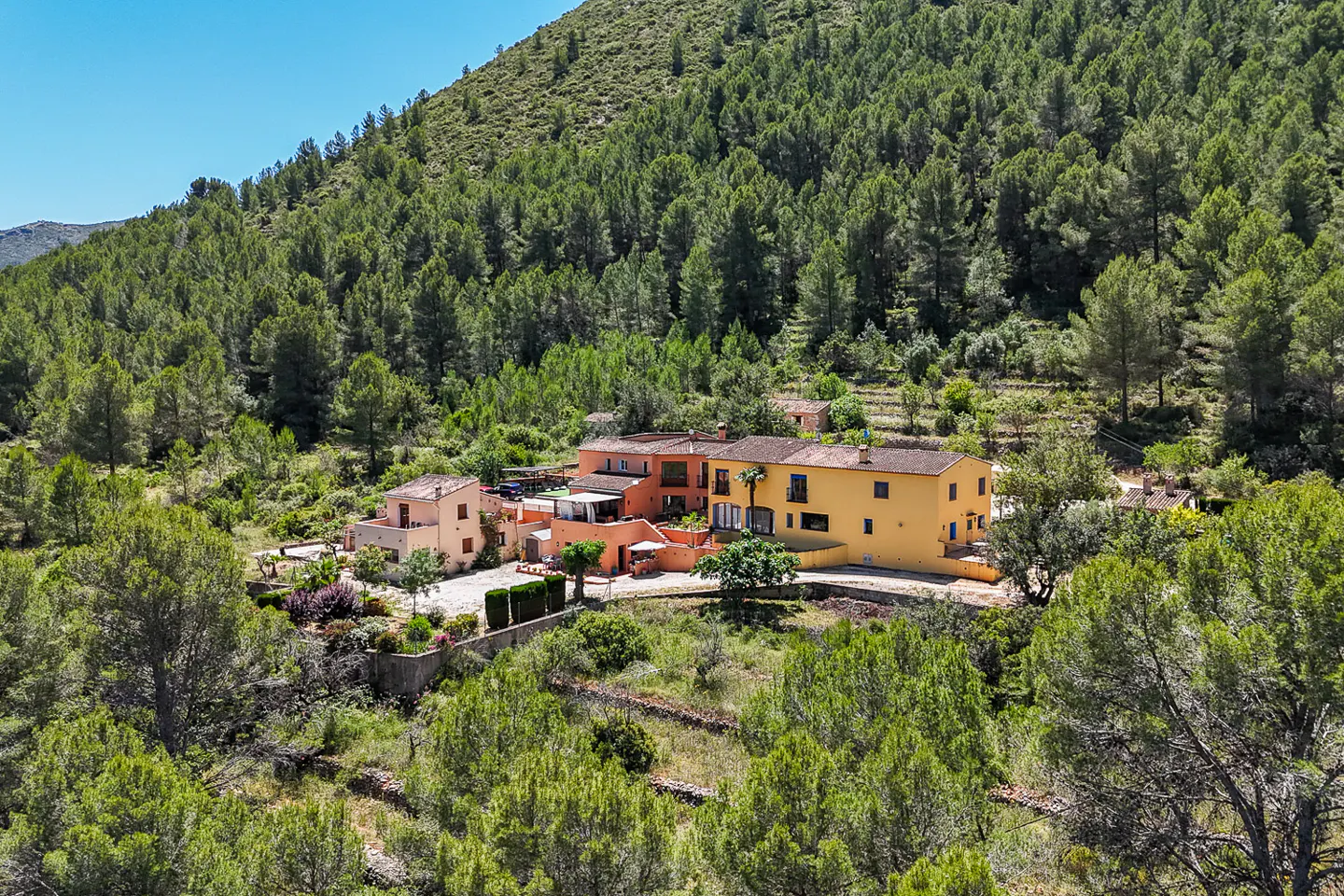 Aerial view of a yellow and peach-colored house nestled in a lush green forest against a blue sky.