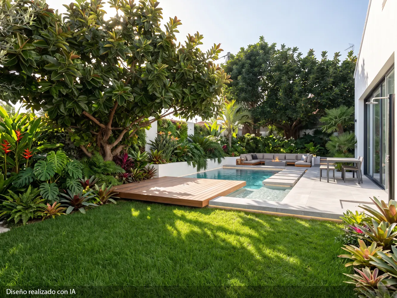 A backyard with a pool, a wooden deck, green grass, and lush tropical plants. A gray sofa and table are near the pool.