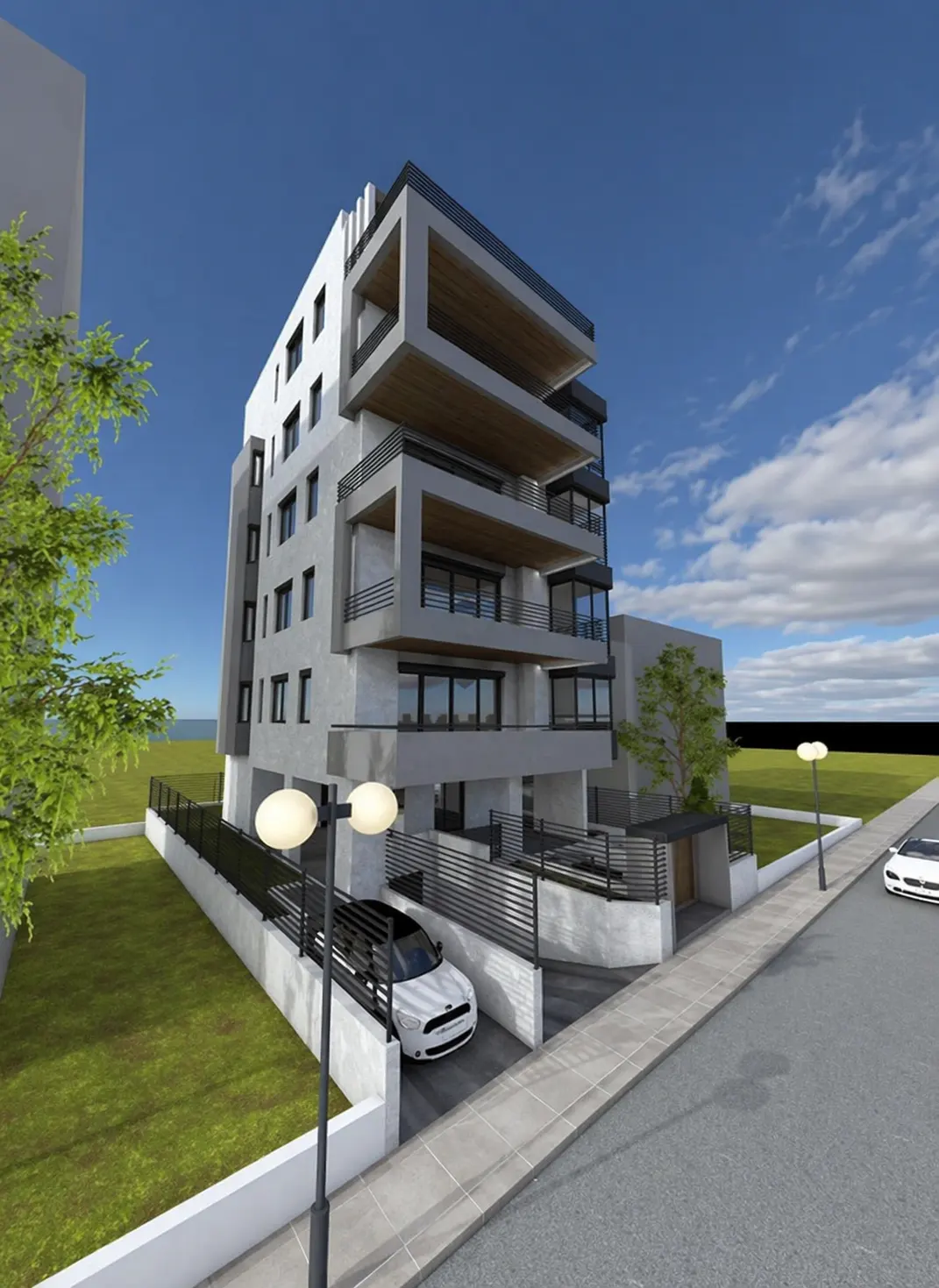 Modern six-story apartment building with balconies, a white car in the driveway, and a blue sky background.