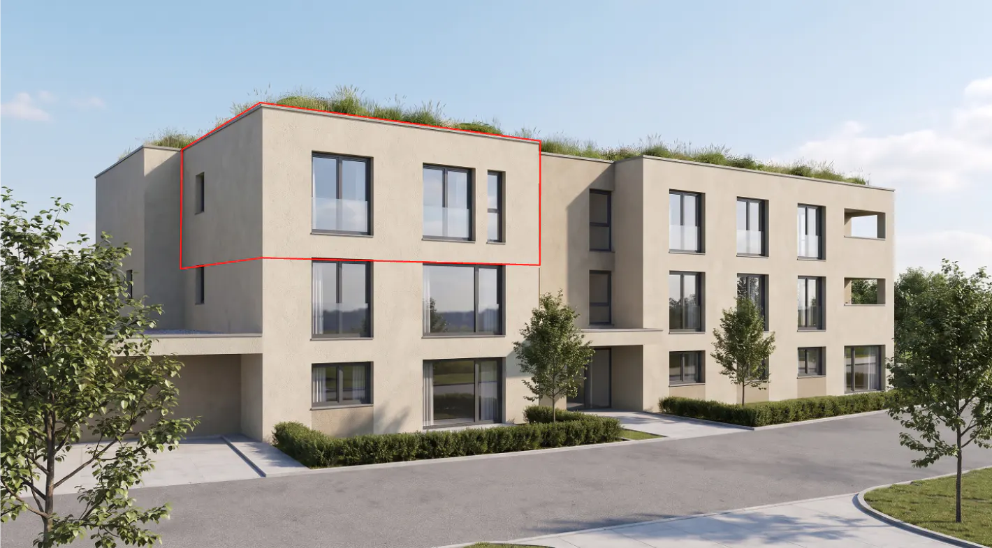 Modern beige apartment building with a green roof, featuring a red outline highlighting a specific top-floor unit.