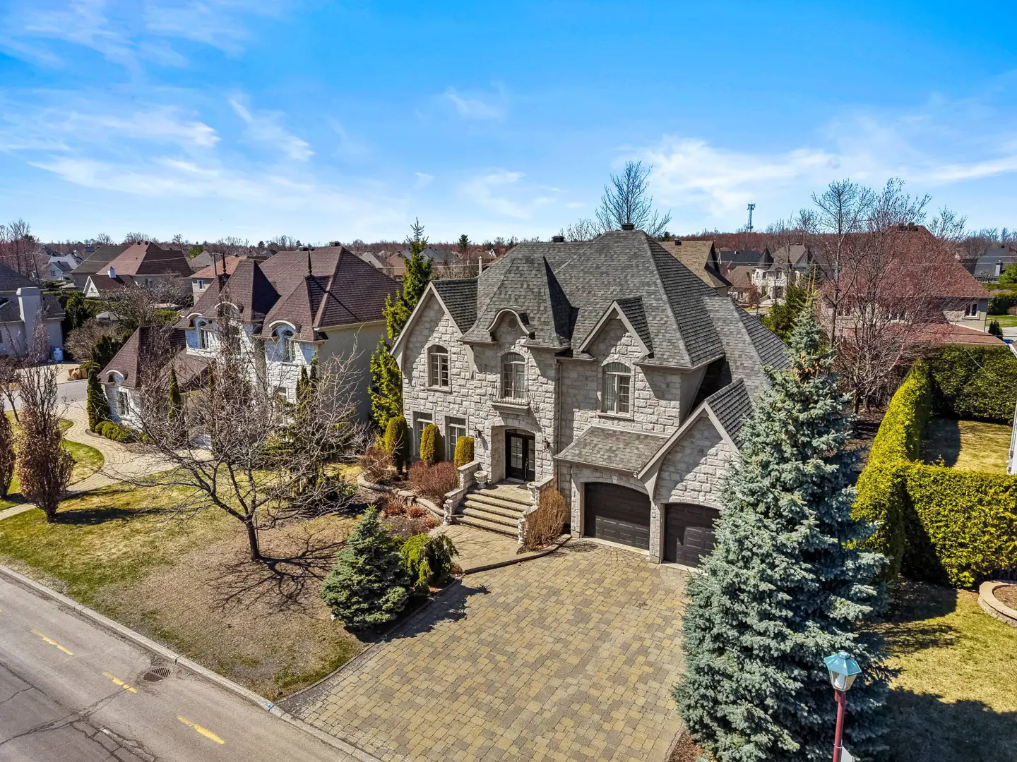 Aerial view of a large, two-story stone house with a gray roof and a paved driveway in a suburban neighborhood.