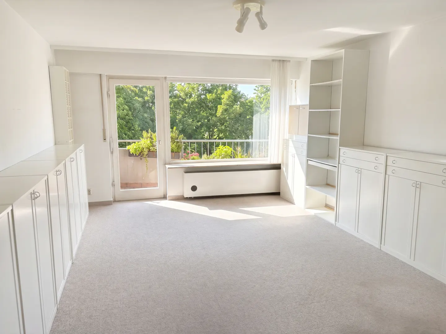 Bright, empty room with white carpet, cabinets, and shelves. A glass door leads to a balcony with green trees in the background.