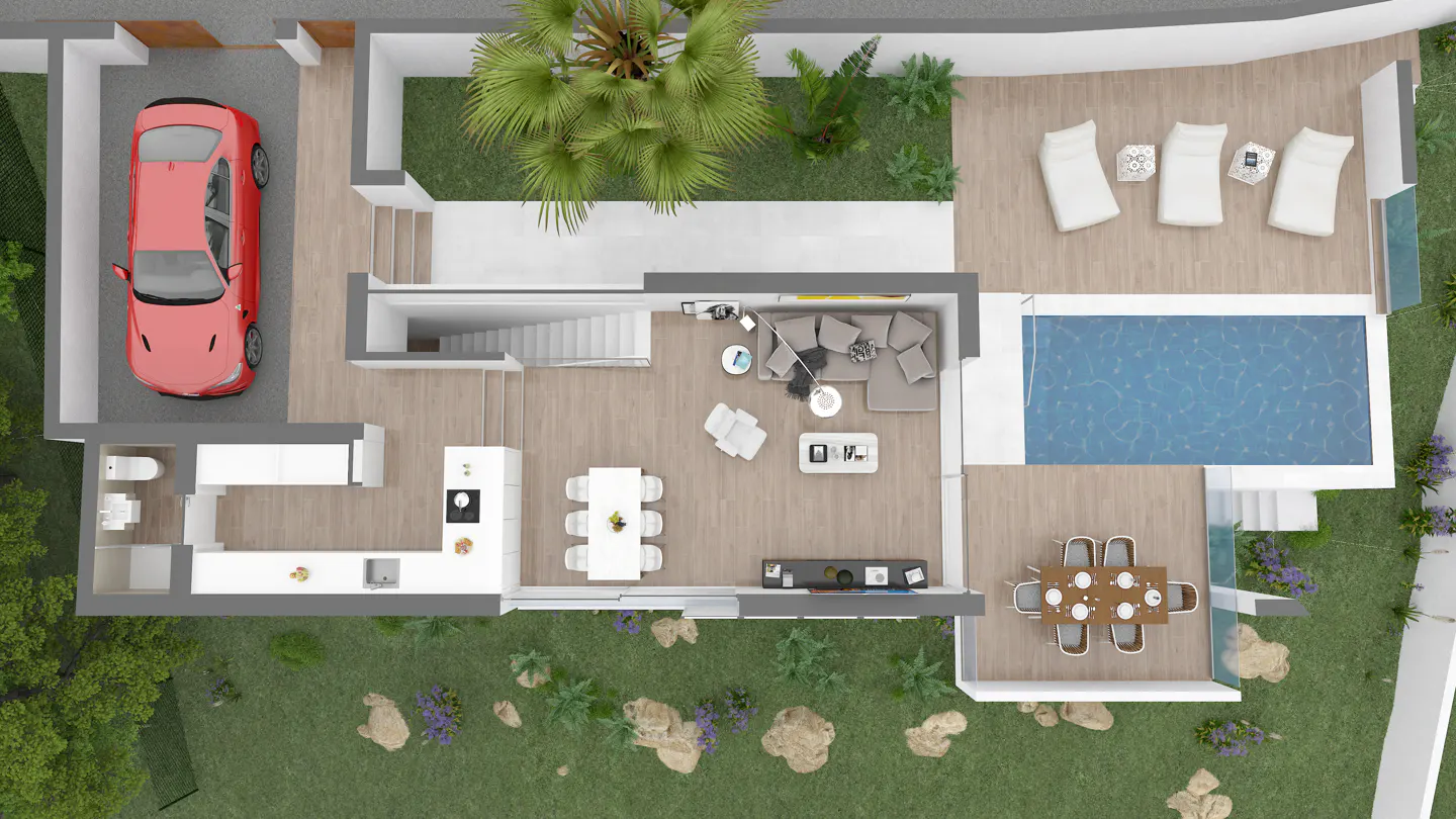 Aerial view of a modern house floor plan with a red car in the garage, pool, and outdoor dining.