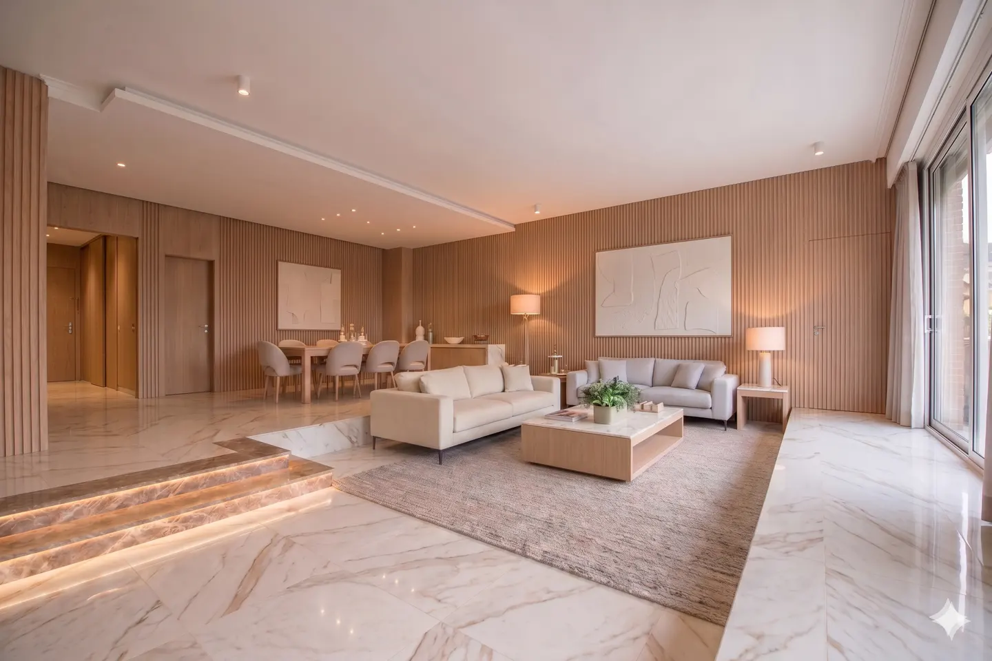 A bright, open-concept living and dining area with marble floors and light wood paneling. Two sofas face a light wood coffee table on a neutral rug.