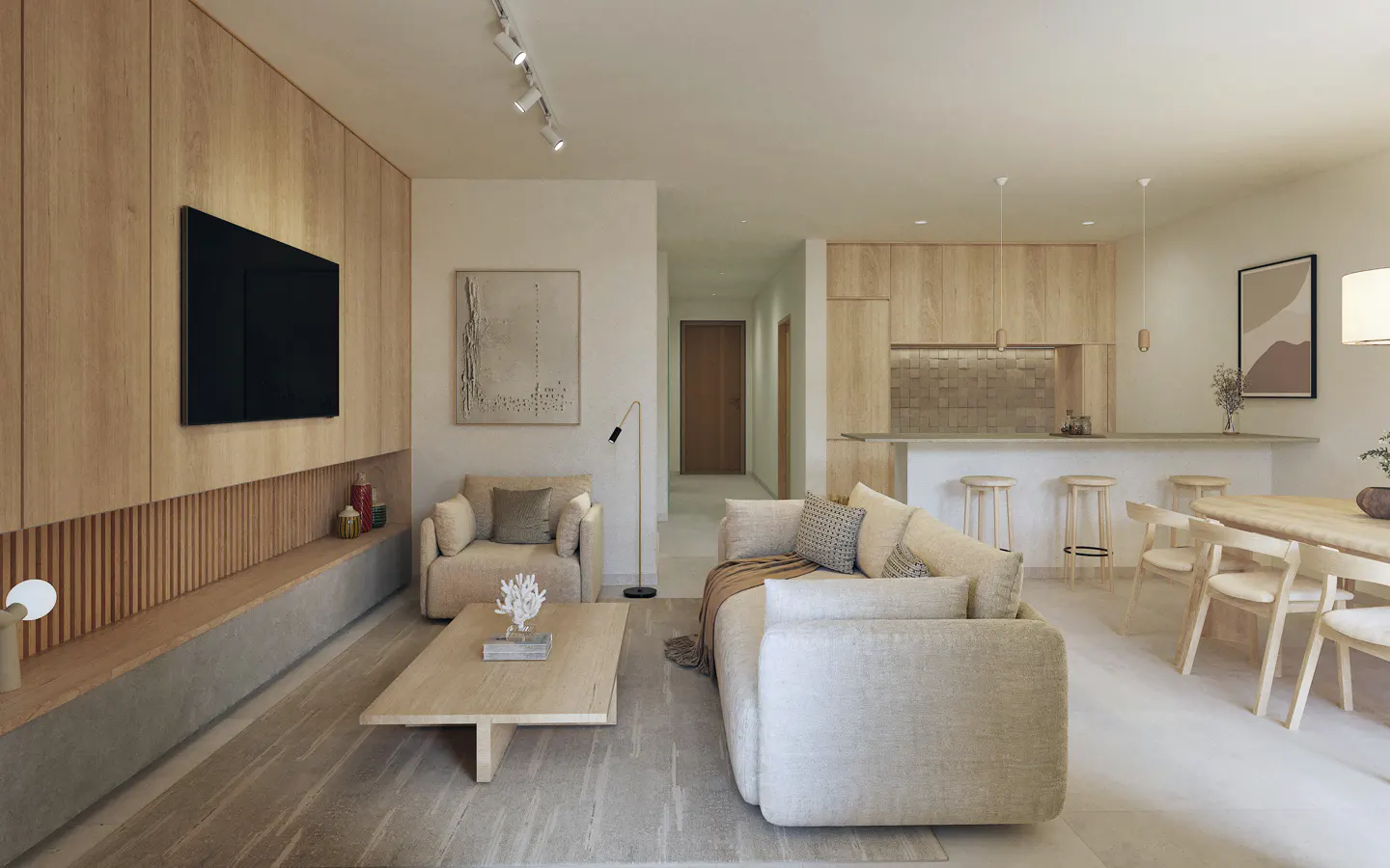 Modern open-plan living room with light wood walls, beige sofa, coffee table, and a kitchen island with bar stools.