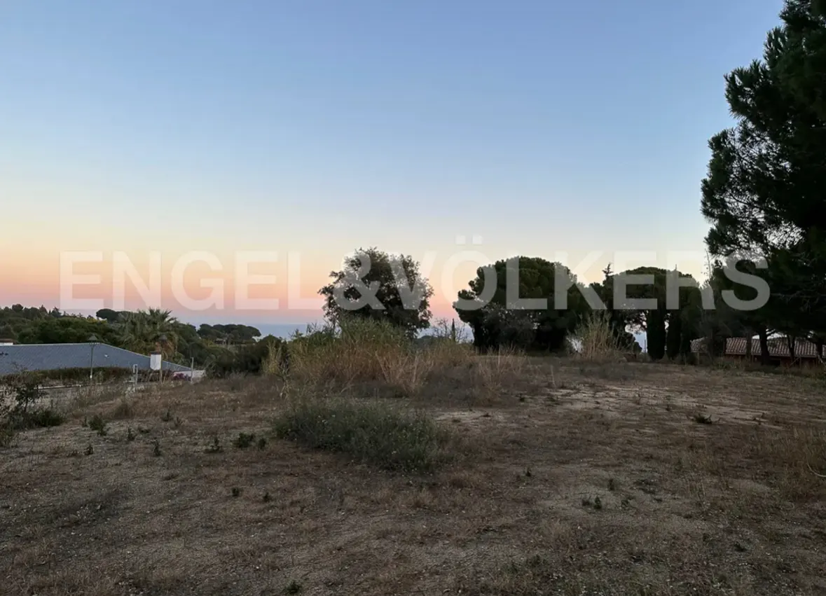 A vacant lot with trees under a blue and pink sky, with the Engel & Volkers logo.