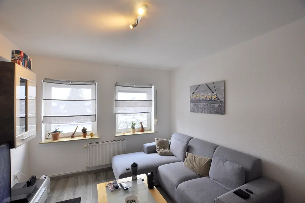 A bright living room with a gray sectional sofa, a glass coffee table, and two windows with gray and white blinds. A Minions painting hangs on the white wall.