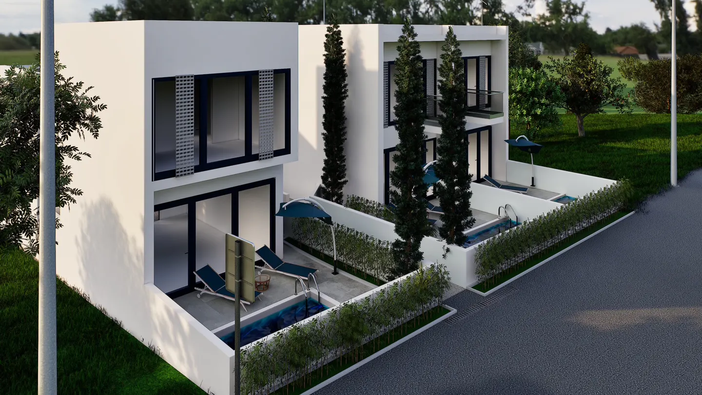 Modern white townhouses with pools and lounge chairs. Tall trees and green hedges provide privacy.