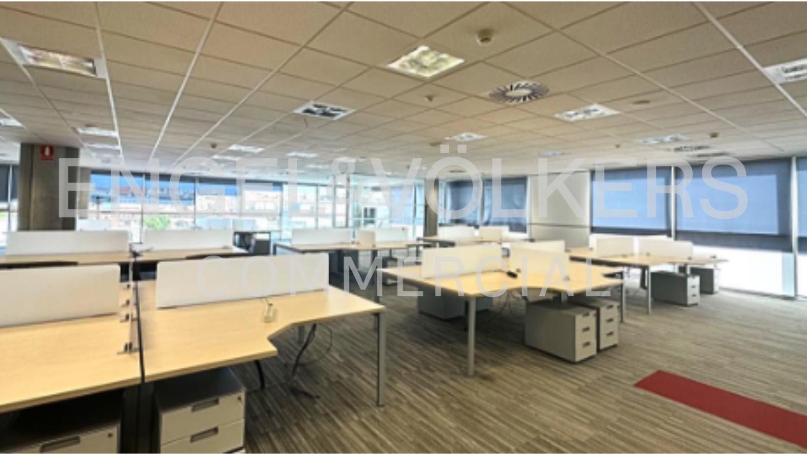 Bright, open office space with rows of desks, white partitions, and filing cabinets. Large windows with blue blinds provide natural light.