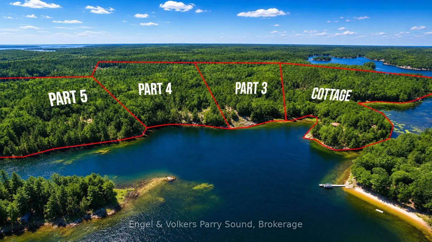 Aerial view of waterfront property with red outlines marking "Part 5," "Part 4," "Part 3," and "Cottage" sections. Blue water, green trees, and a clear sky.