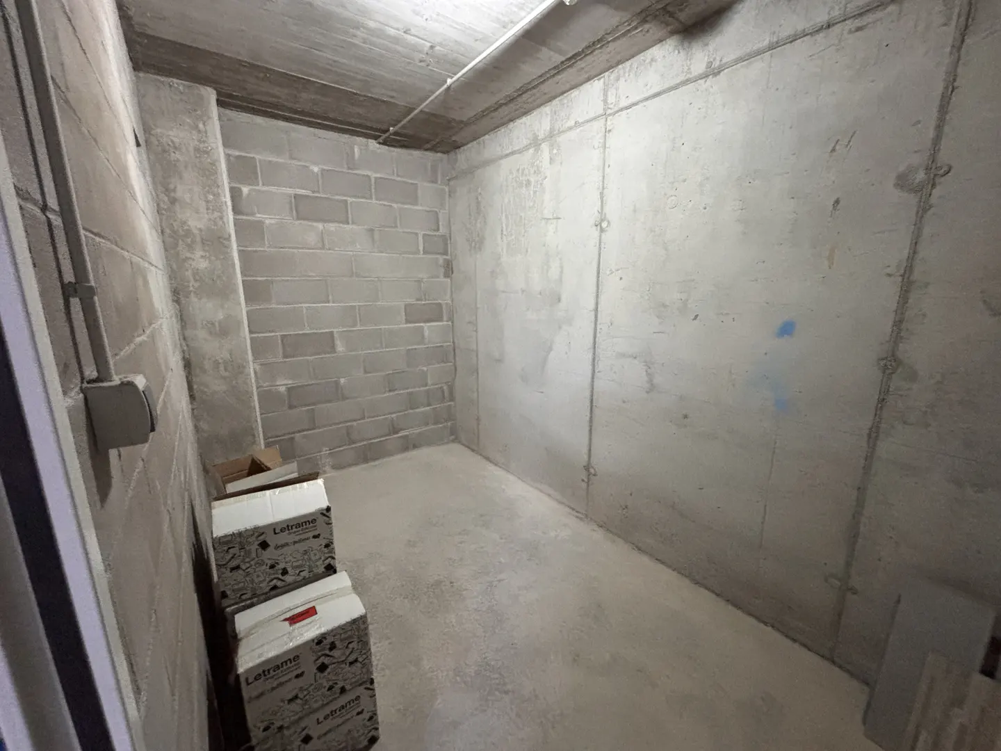 Bare storage room with concrete walls, floor, and ceiling. Two boxes are stacked in the corner.