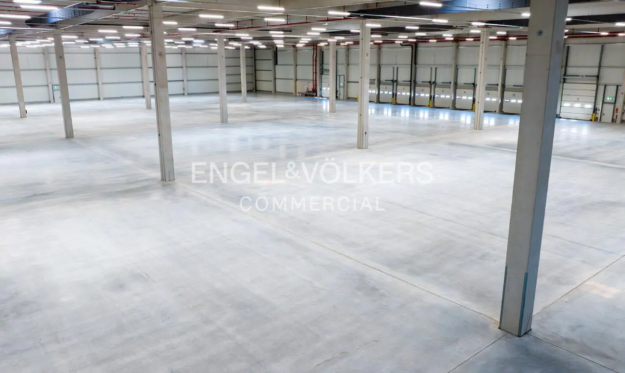 An empty, bright warehouse with concrete floors and support pillars. Loading docks are visible in the background.