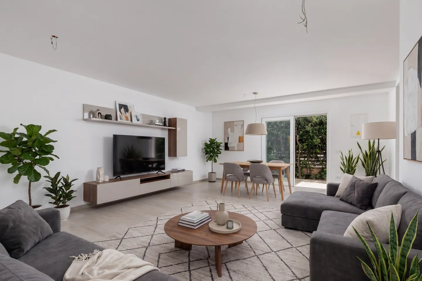 AI-generated visualisation of the light-filled living/dining area in a modern style (furniture not included)