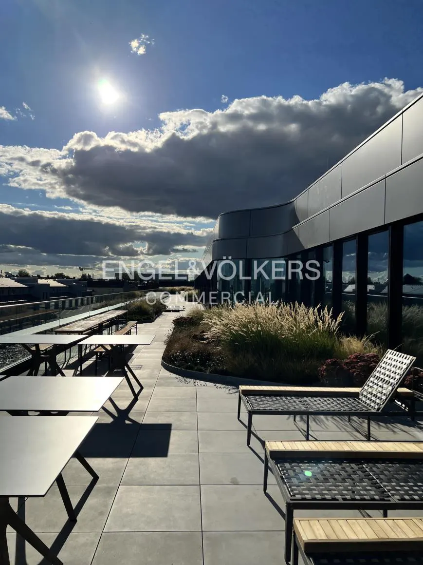 Modern rooftop terrace with metal tables, lounge chairs, and ornamental grasses under a bright, cloudy sky.