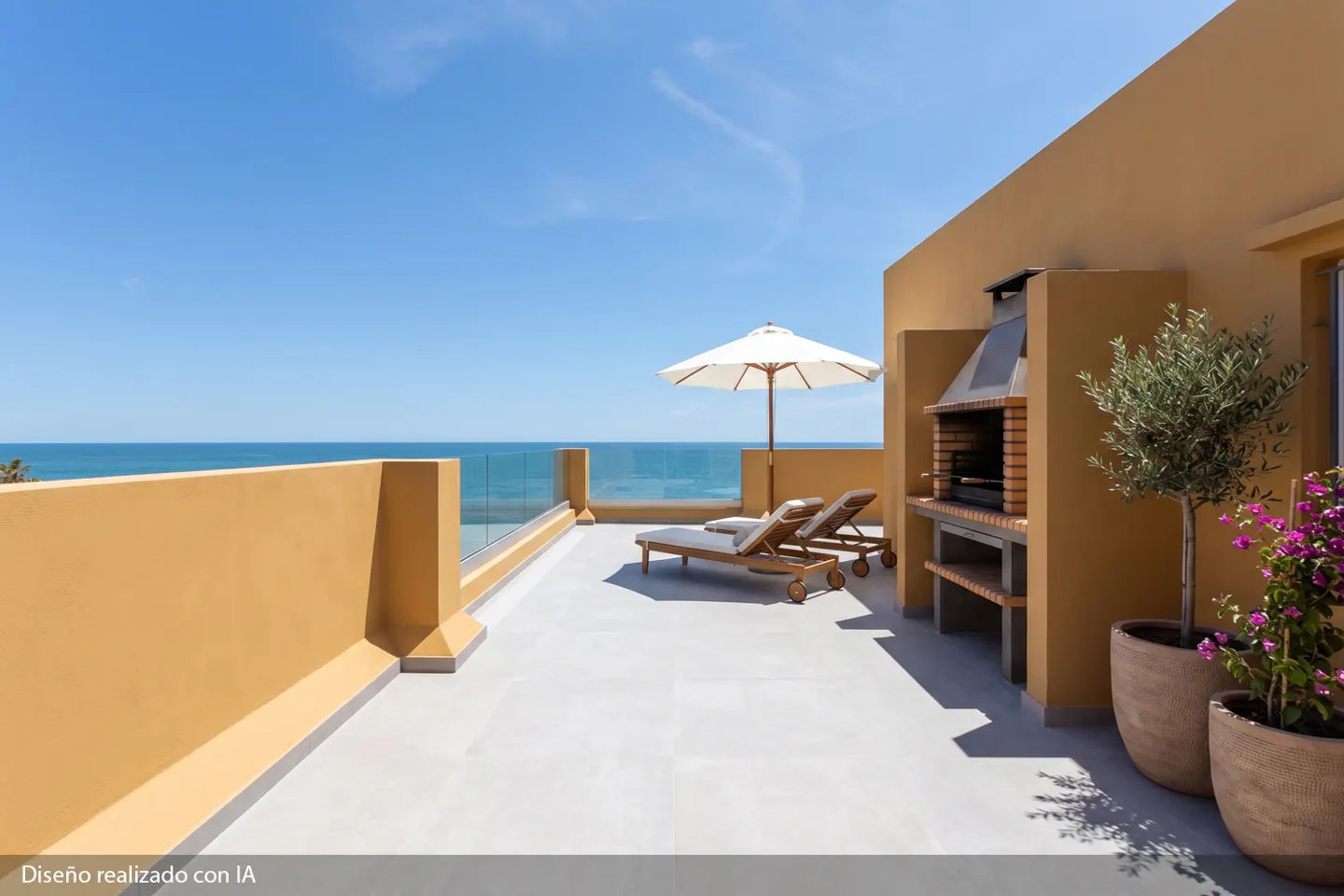 Rooftop patio with ocean view. Two lounge chairs under a white umbrella, a brick grill, and potted plants. Blue sky.