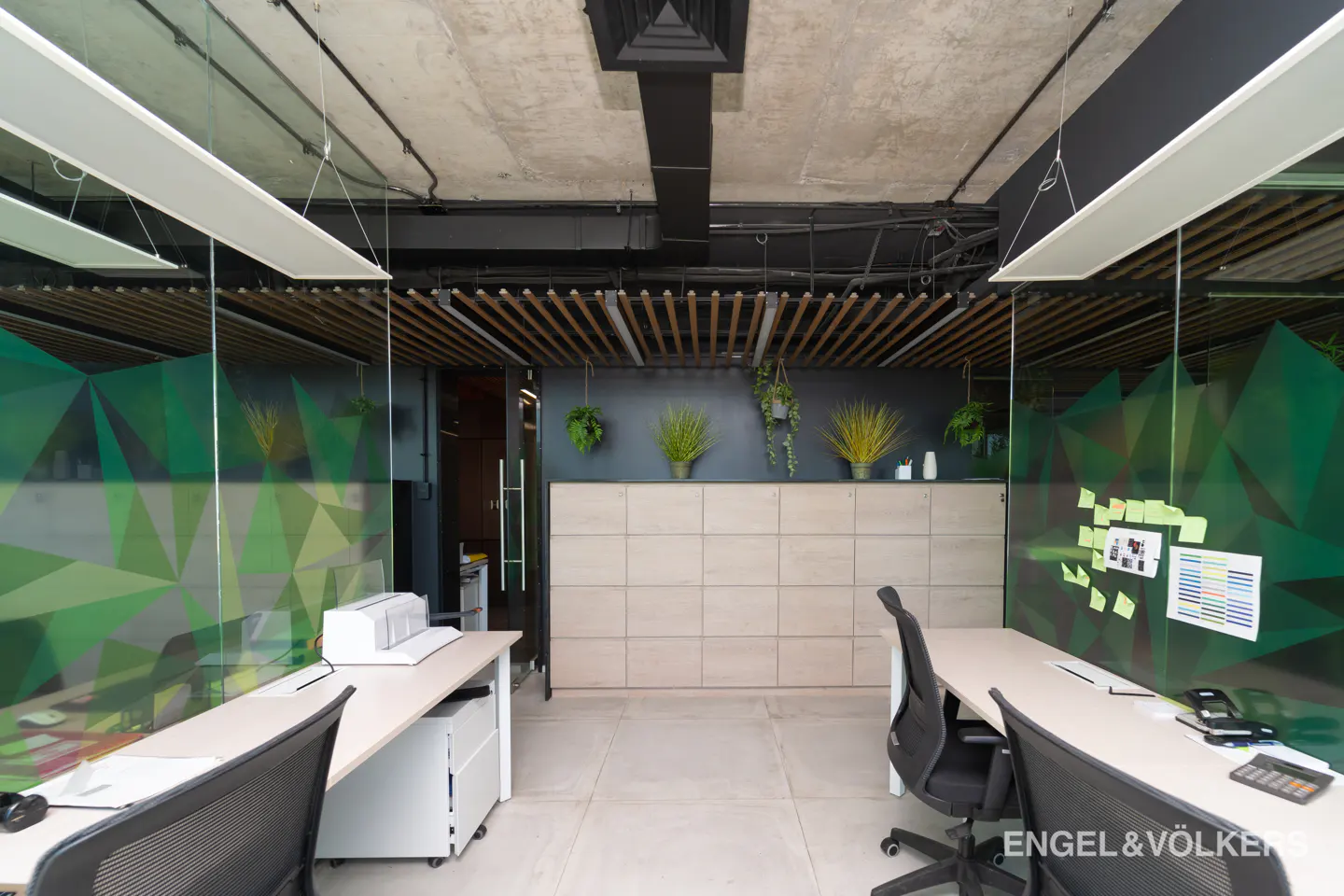 Office space with desks, black chairs, and glass walls with green geometric designs. Plants sit atop a light wood cabinet. Concrete ceiling with black ductwork.