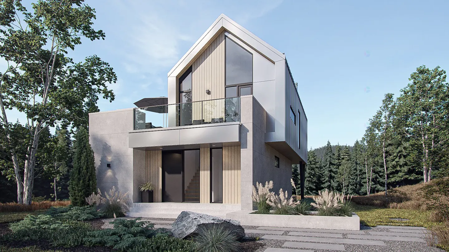 Modern two-story house with a balcony, light wood siding, and large windows, surrounded by green trees and landscaping.