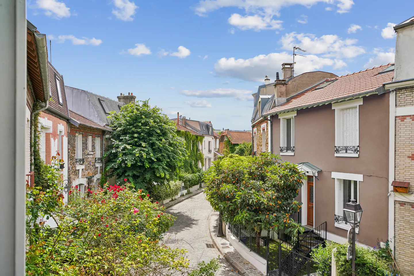 A narrow, cobblestone street lined with charming European-style houses, lush green trees, and blooming flowers under a blue sky.