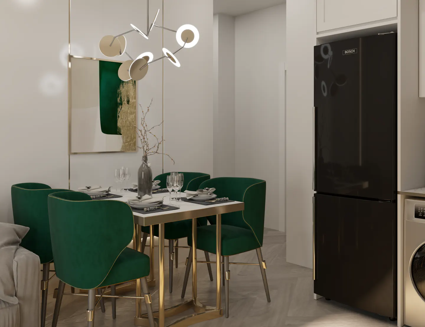 A dining area with green chairs around a white table, a modern chandelier, and a black refrigerator.
