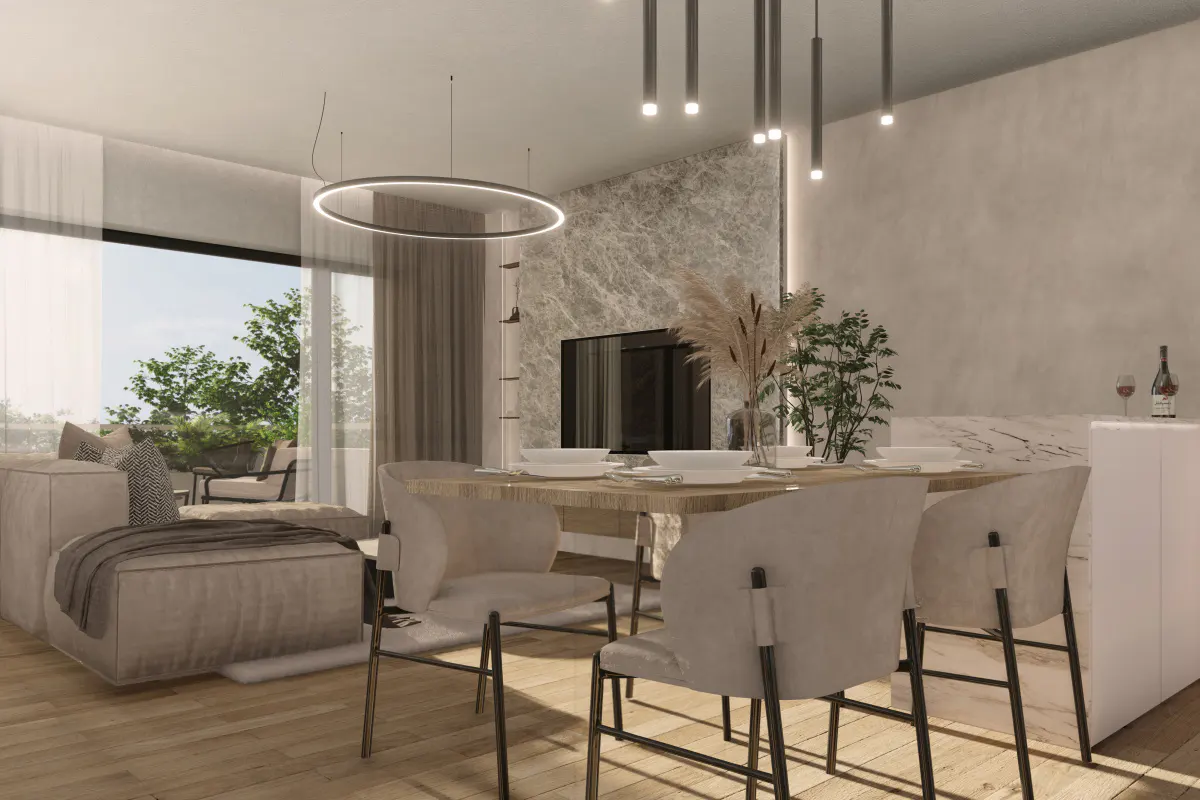 A modern dining area with a wooden table, beige chairs, and a marble accent wall. A large window shows greenery outside.