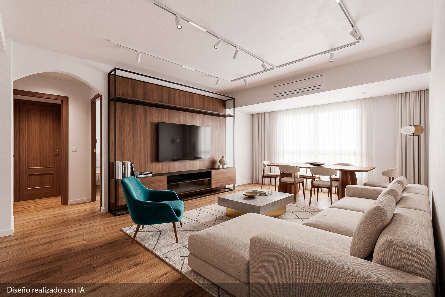Modern living room with a beige sectional sofa, teal armchair, wood media wall with TV, and a dining area in the background.
