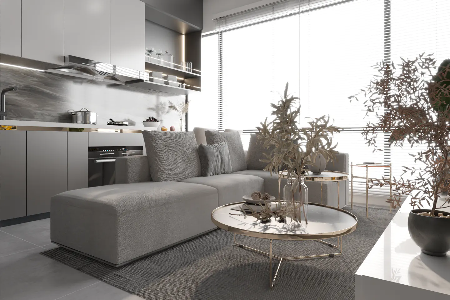 Modern gray kitchen and living room with a large window. A gray sofa, coffee table, and plants are in the foreground.
