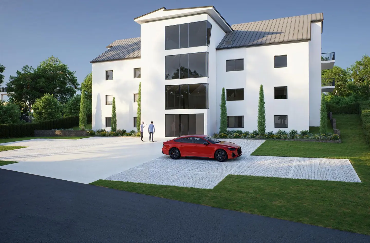 Modern white building with large windows, a red car parked in front, and two people standing near the entrance.