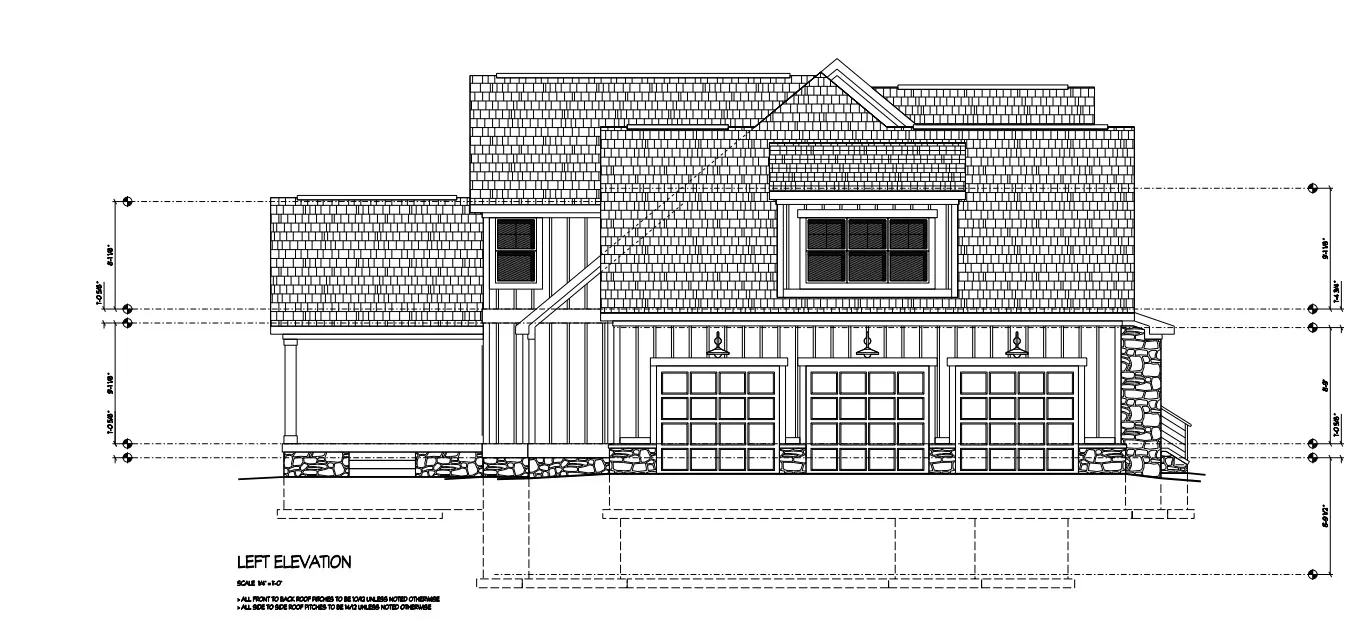 Blueprint of a house's left elevation, showing a three-car garage, shingled roof, and stone accents.