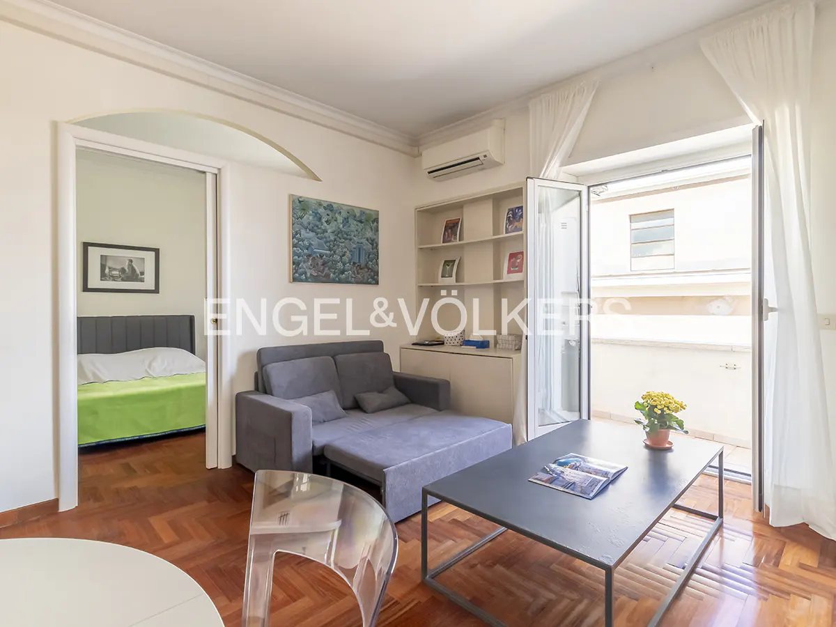 Living room with gray sofa bed, black coffee table, and balcony access. Bedroom visible through arched doorway. Hardwood floors.