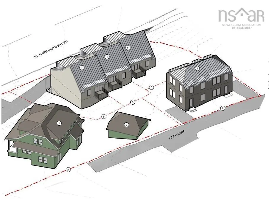 Architectural drawing of a property with six buildings, roads, and property lines. The buildings are numbered and colored green, gray, and white.