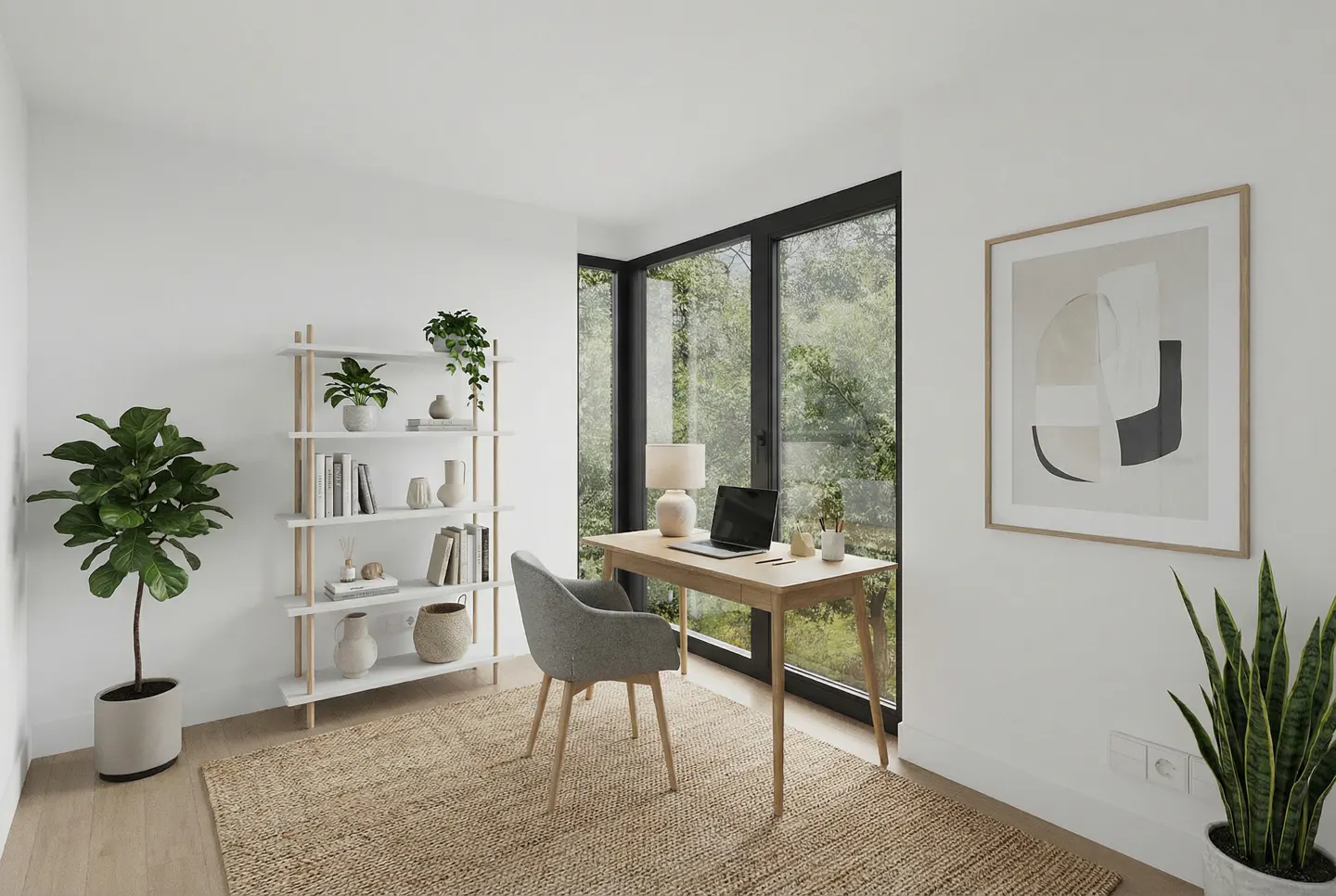 Modern home office with a wooden desk, grey chair, white shelving unit, and large windows overlooking a lush green forest.