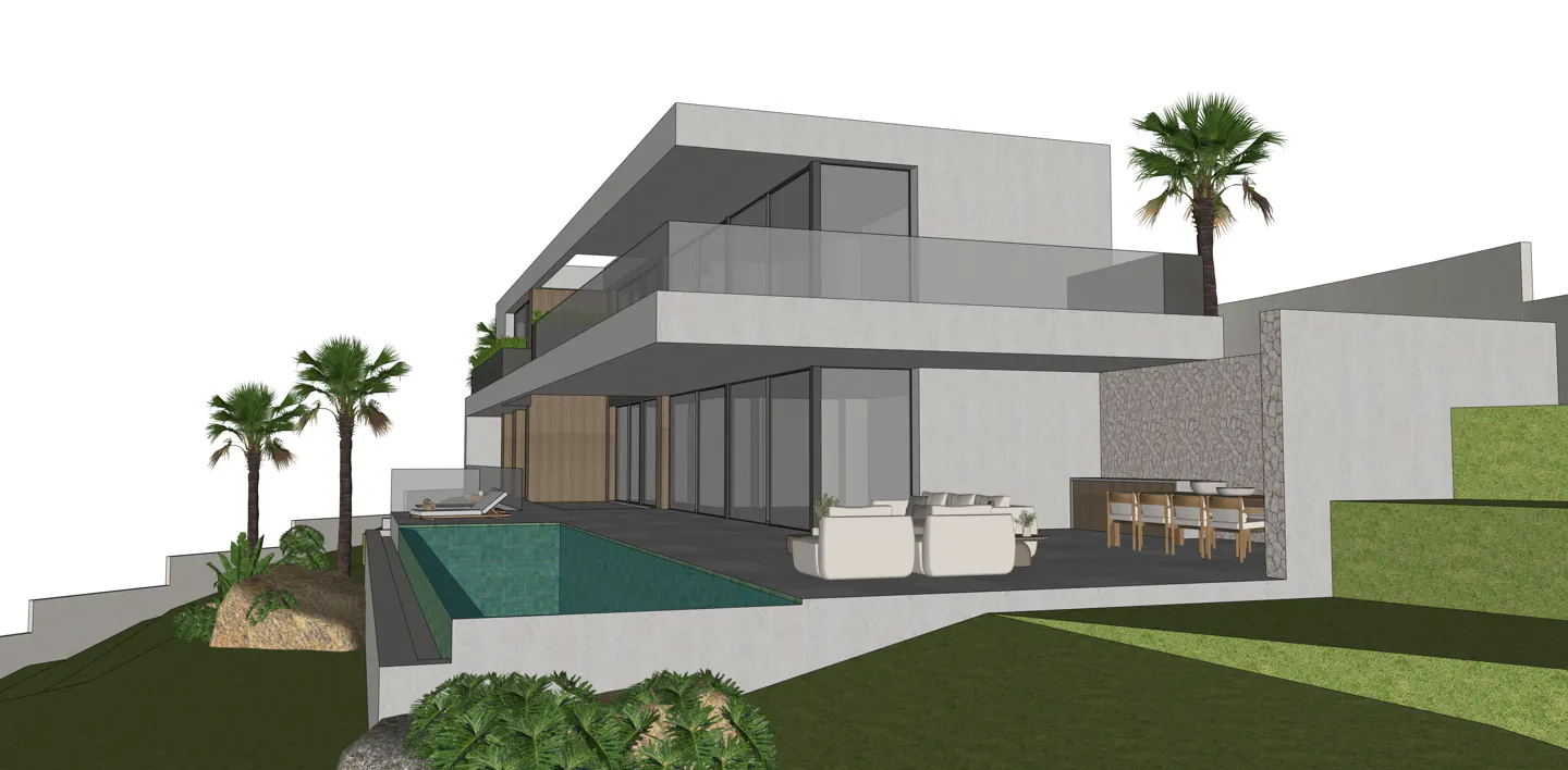 Modern two-story house with a pool, patio furniture, and palm trees on a grassy hillside.