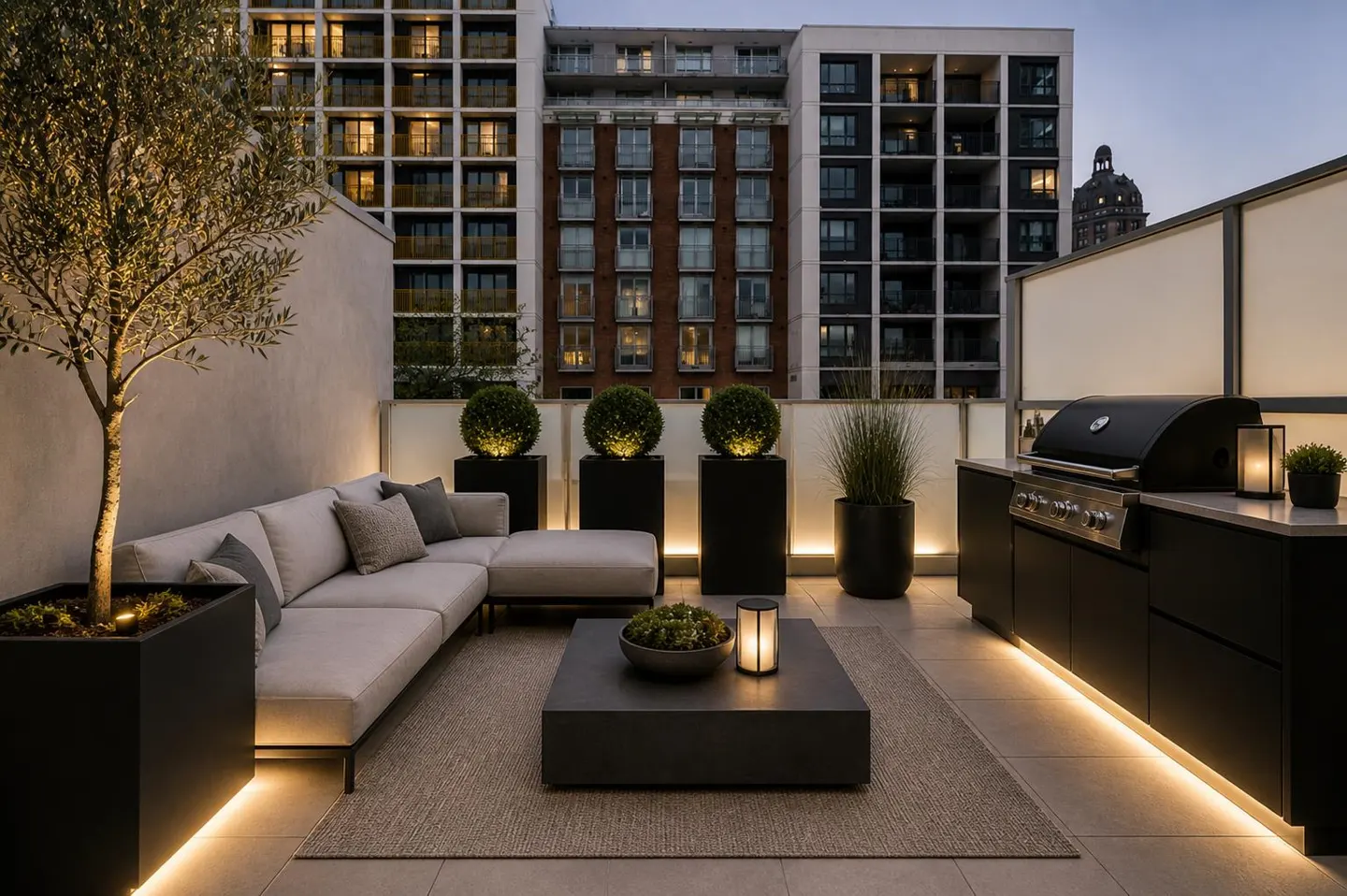 A modern rooftop patio with a gray sectional sofa, black planters, and a built-in grill area, all illuminated by warm LED strip lighting. Tall buildings in the background.