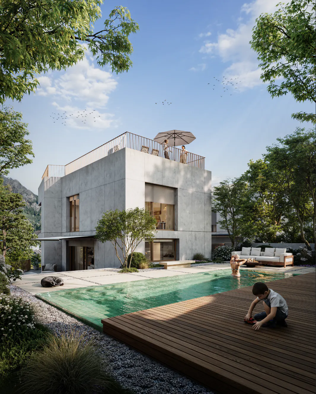 Modern gray house with a pool. A child plays on the wooden deck, and a person swims in the pool. People are on the roof.