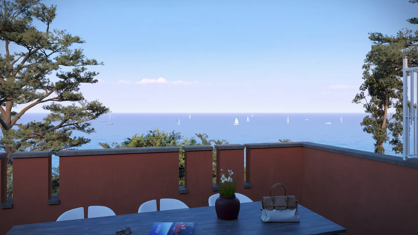 Terrace view of ocean with sailboats. Table with purse, flowers, magazine, and glasses. Red wall and trees frame the blue water.