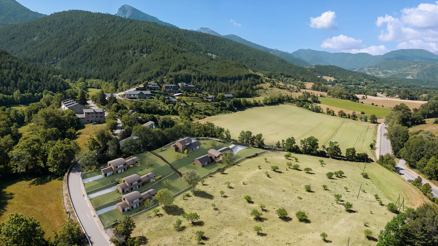 Aerial view of modern homes on a green hillside, surrounded by trees and mountains under a blue sky.