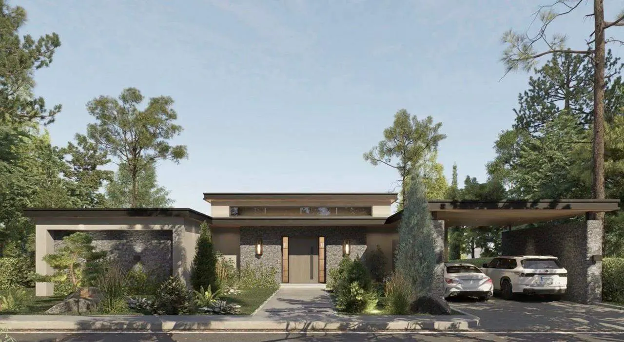 Front exterior of a modern, single-story home with stone accents, a carport, and two parked cars. Trees surround the property.
