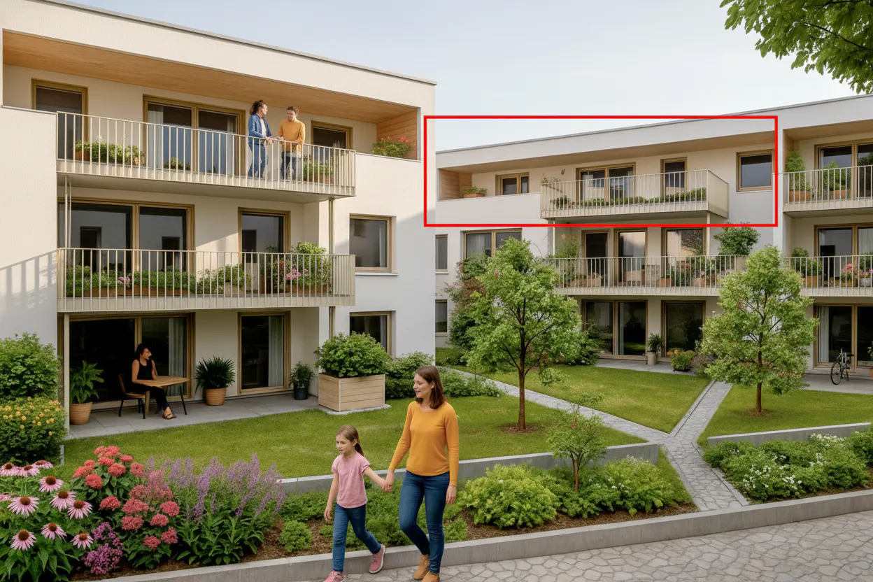 Apartment building with a red box highlighting the top floor balcony with plants. A woman and child walk in the foreground.