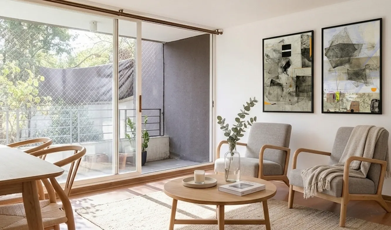 Living room with light wood furniture, gray chairs, and abstract art. Sliding glass doors open to a balcony with greenery.