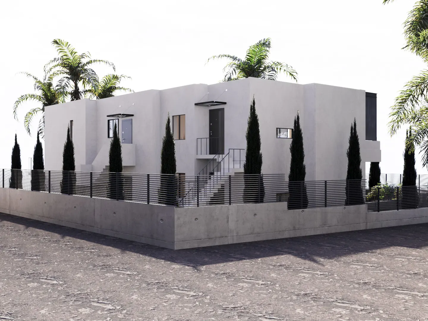 Modern white house with palm trees on the roof, black fence, and tall, thin trees.