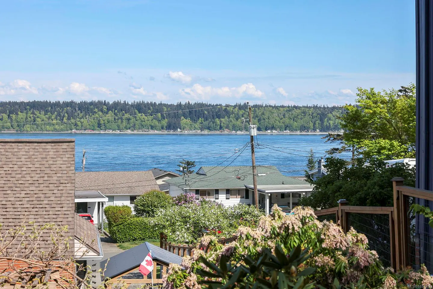View of houses with ocean and forest background on a sunny day. A Canadian flag is visible.