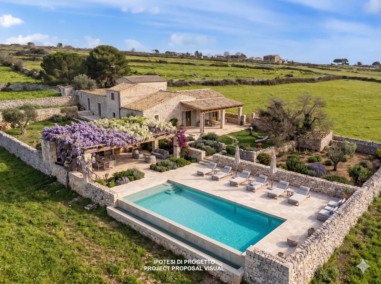 Aerial view of a stone house with a pool, lounge chairs, and wisteria-covered pergola in a green field under a blue sky.